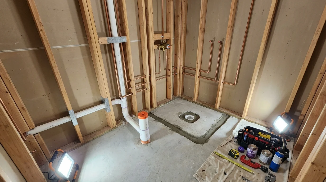Bathroom rough-in plumbing during remodel by Johns Plumbing LLC in Maybrook