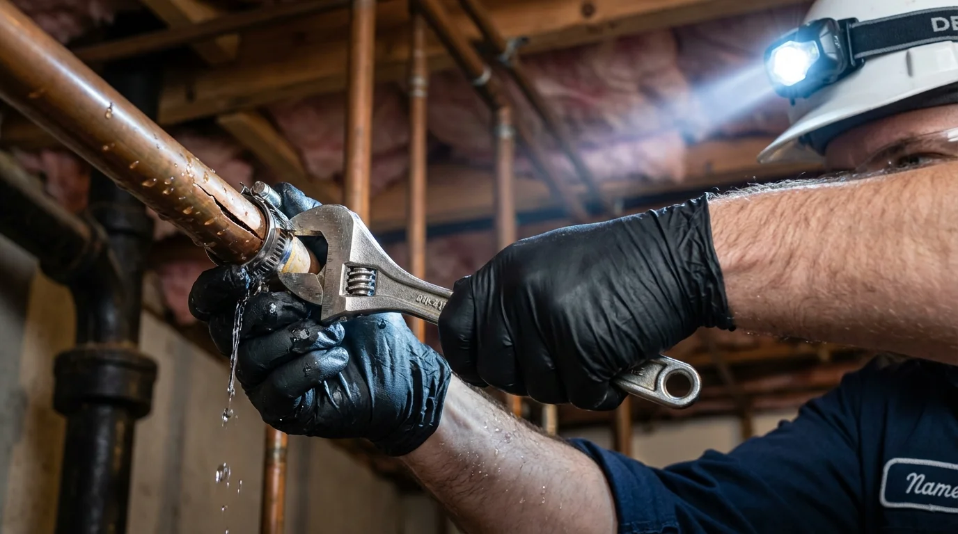 Emergency pipe clamp repair being performed by a Johns Plumbing LLC plumber in Maybrook