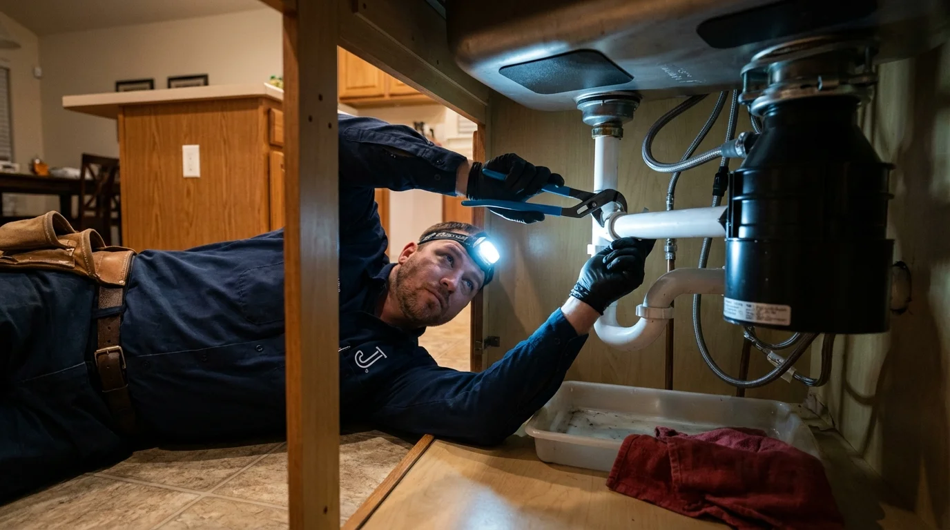 P-trap and supply line connections under a kitchen sink showing a common leak point in Maybrook, NY